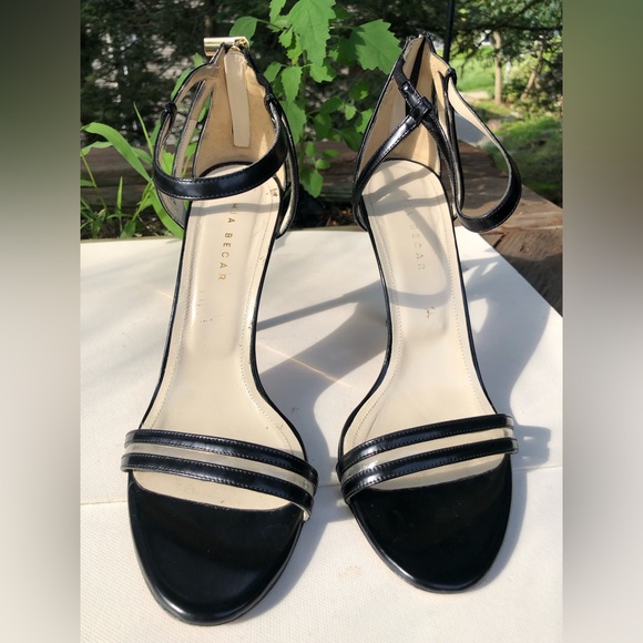 Mia Becar Leather Black Gold Heel back zipper High Heels open toe 38.5 US 8.5 - Picture 4 of 13